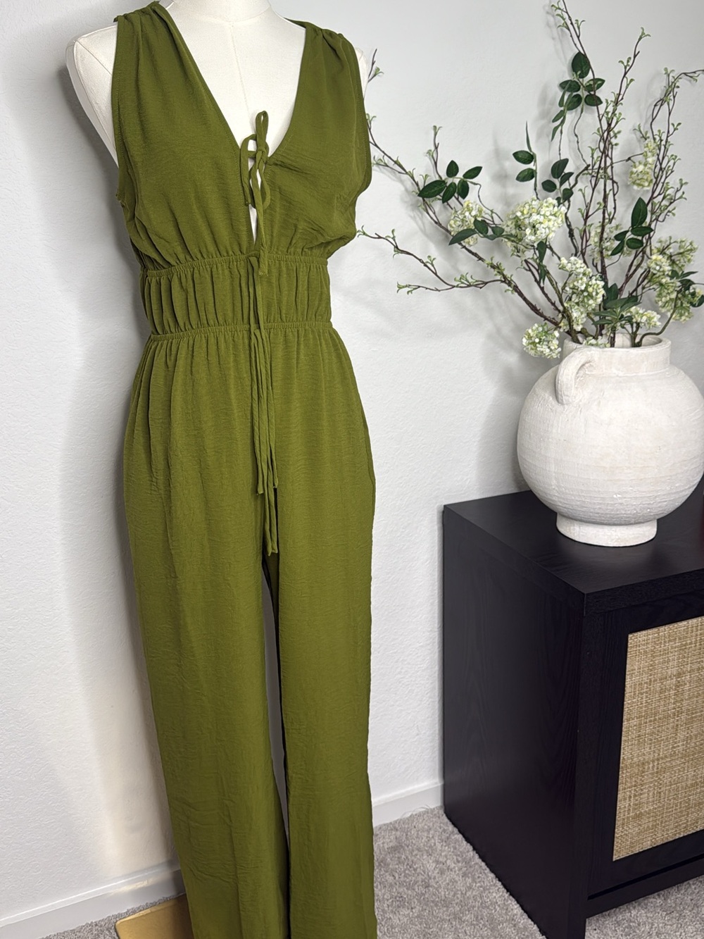 Sleeveless Olive Green Tie-Front Jumpsuit